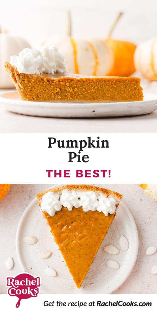 Pumpkin pie Pinterest graphic with text and photos.