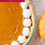Pumpkin pie Pinterest graphic with text and photos.
