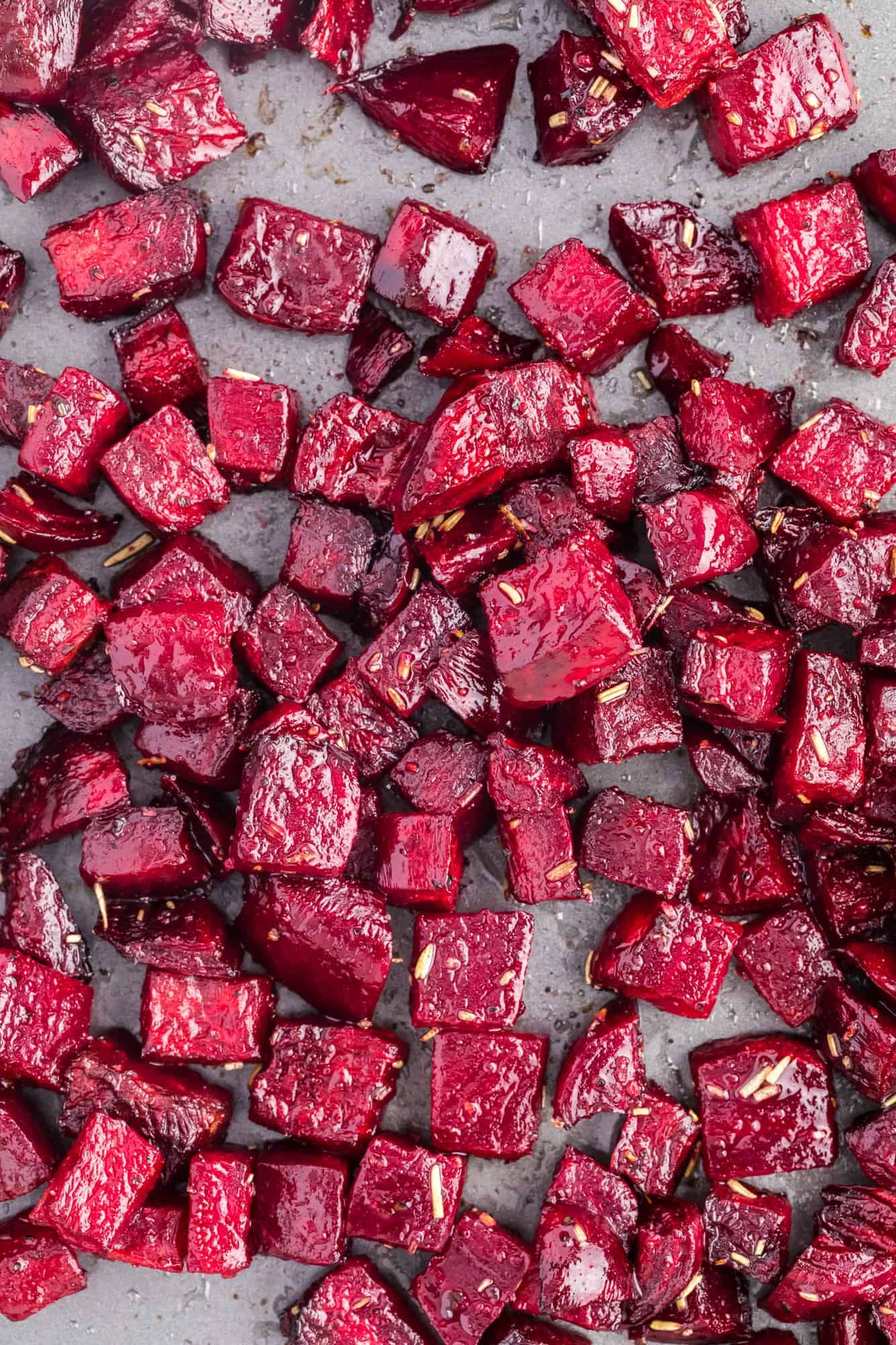 Overhead view of chopped roasted beets.