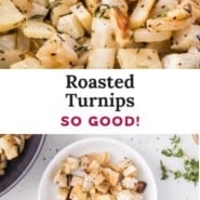 Roasted turnips Pinterest graphic with text and photos.