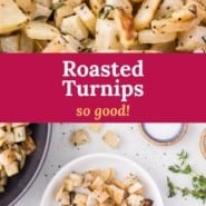 Roasted turnips Pinterest graphic with text and photos.