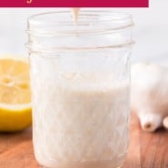 Tahini sauce Pinterest graphic with text and photos.