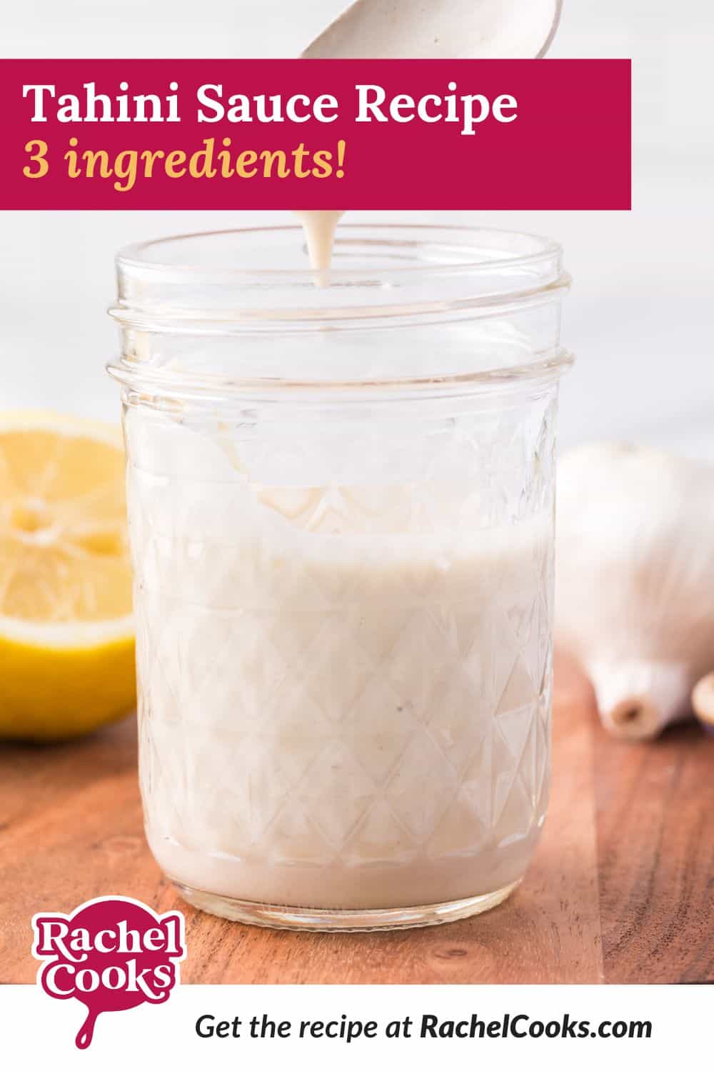 Tahini sauce Pinterest graphic with text and photos.