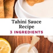 Tahini sauce Pinterest graphic with text and photos.
