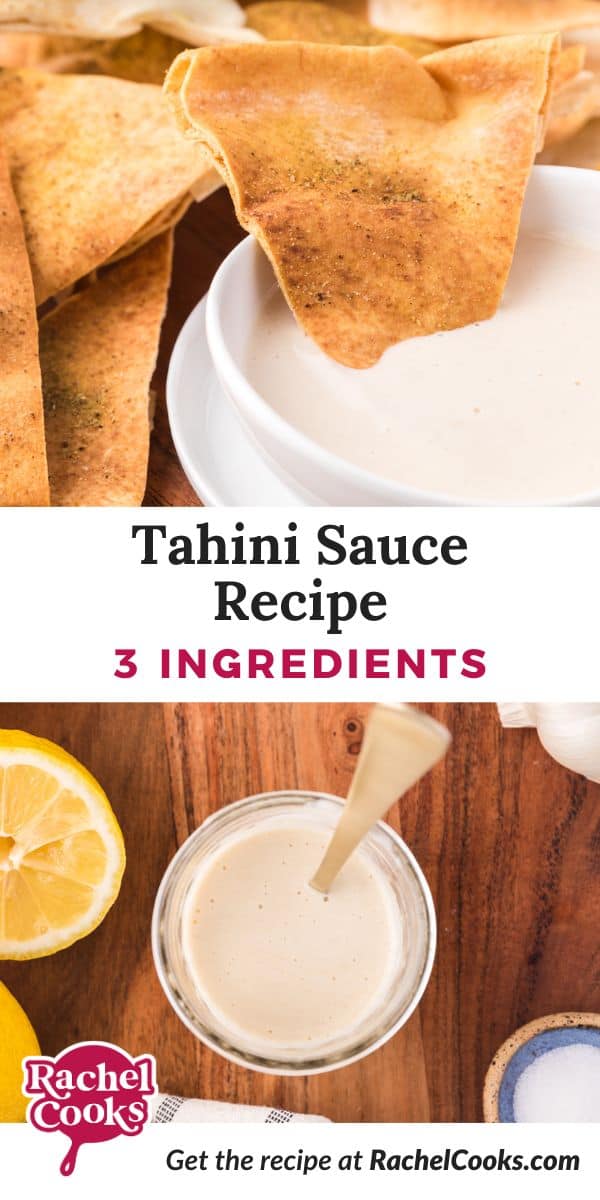 Tahini sauce Pinterest graphic with text and photos.