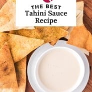 Tahini sauce Pinterest graphic with text and photos.