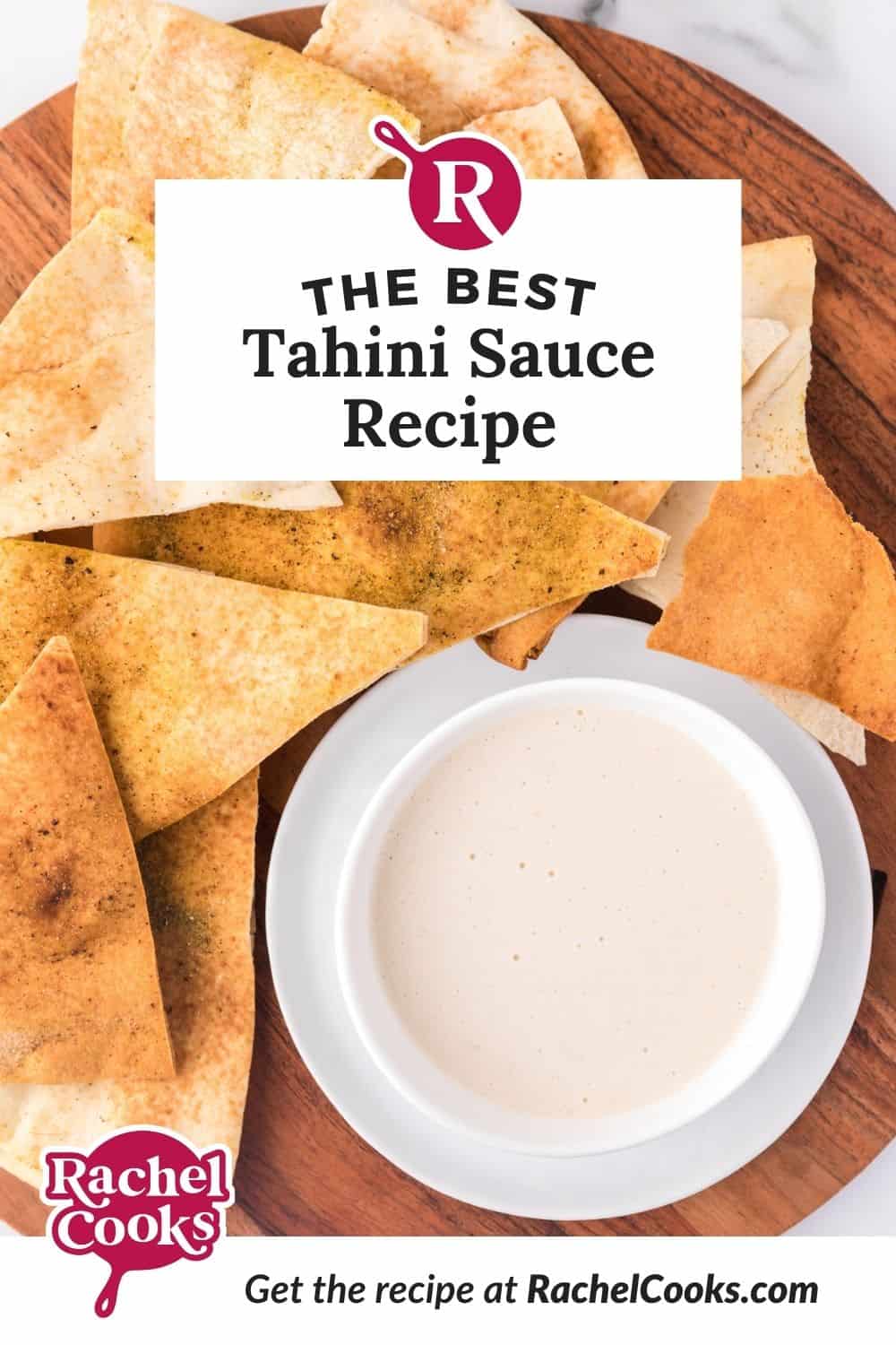 Tahini sauce Pinterest graphic with text and photos.
