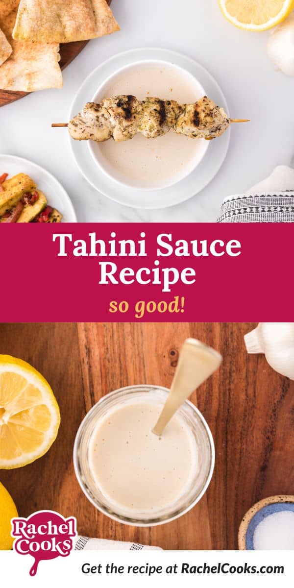 Tahini sauce Pinterest graphic with text and photos.