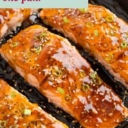 Teriyaki salmon Pinterest image with text and photos.