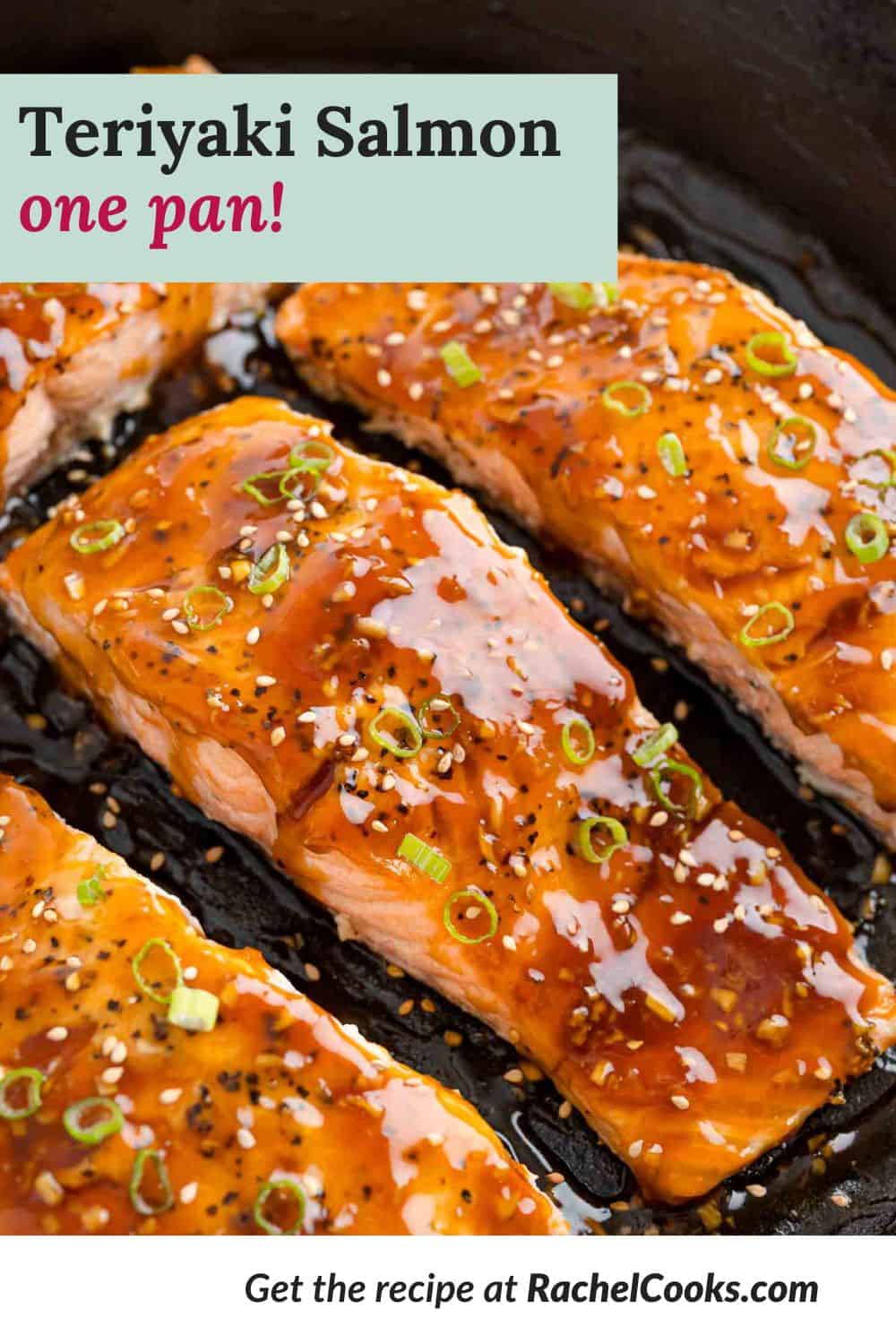 Teriyaki salmon Pinterest image with text and photos.