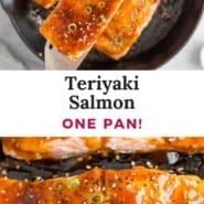 Teriyaki salmon Pinterest image with text and photos.