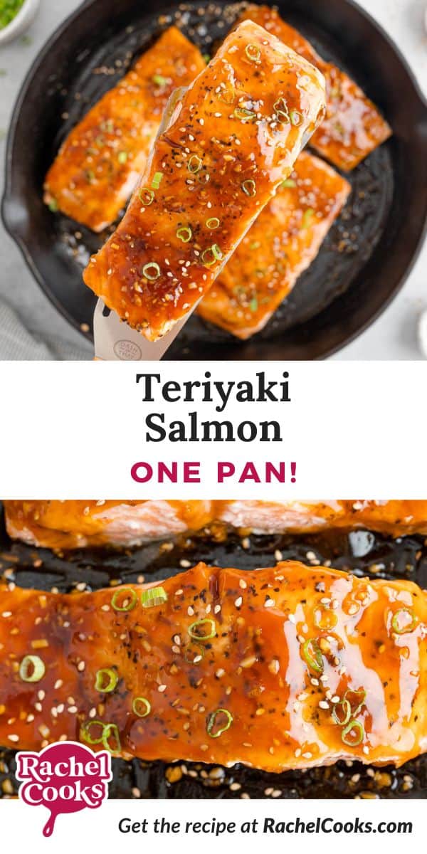 Teriyaki salmon Pinterest image with text and photos.