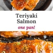 Teriyaki salmon Pinterest image with text and photos.