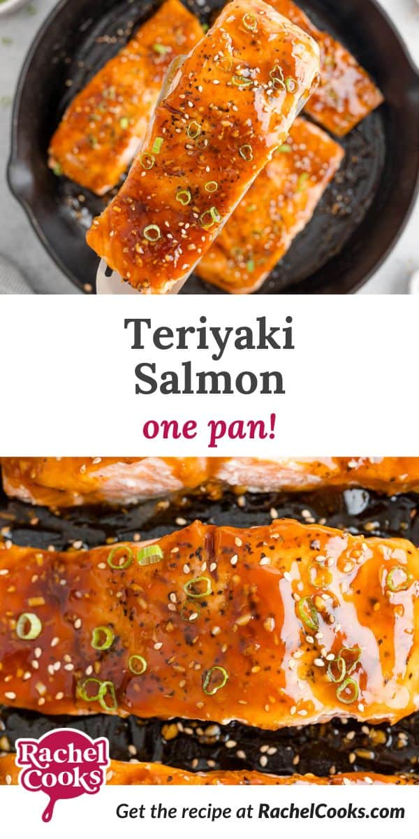 Teriyaki salmon Pinterest image with text and photos.