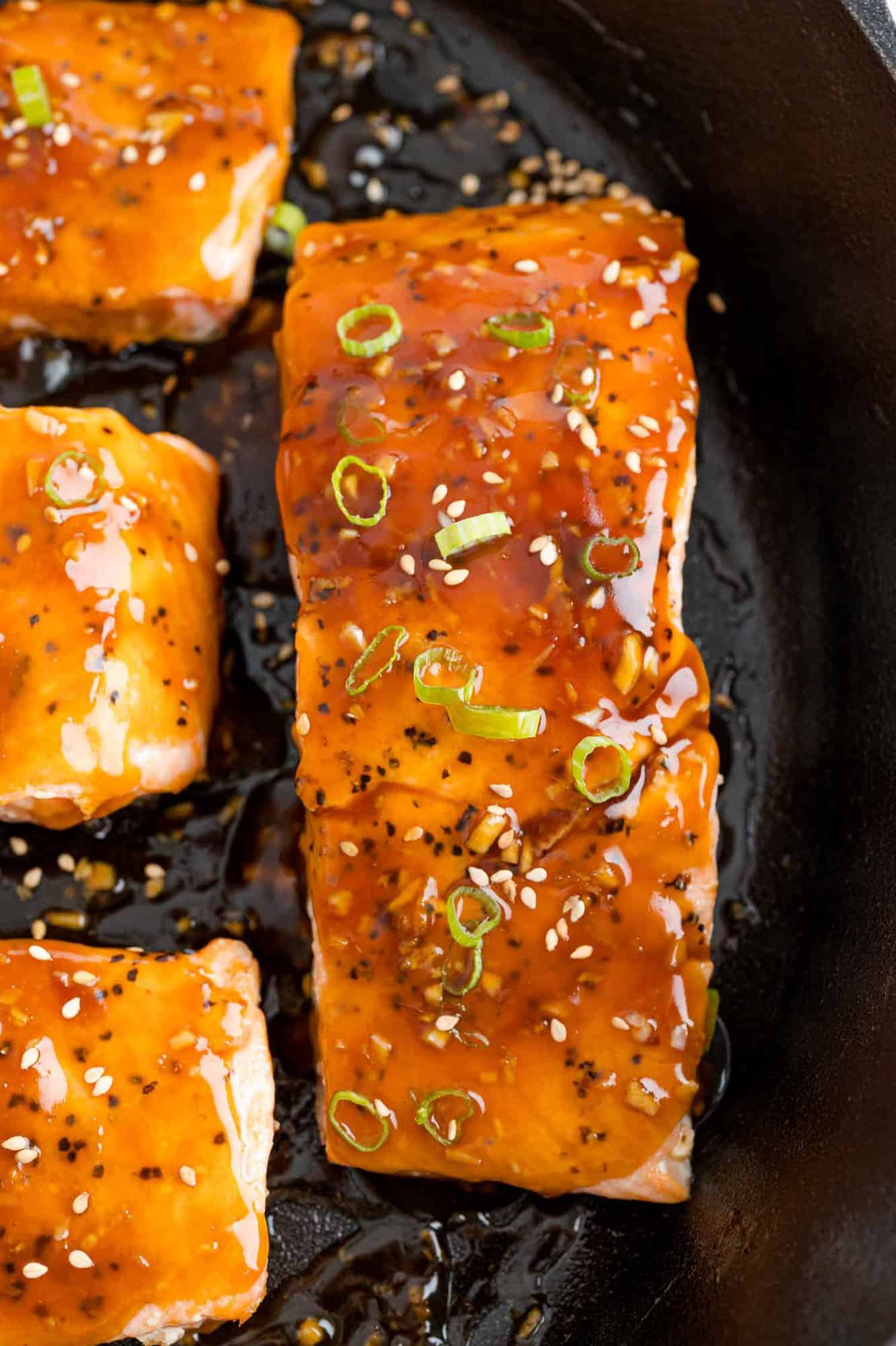 Close up of fillet of teriyaki salmon.