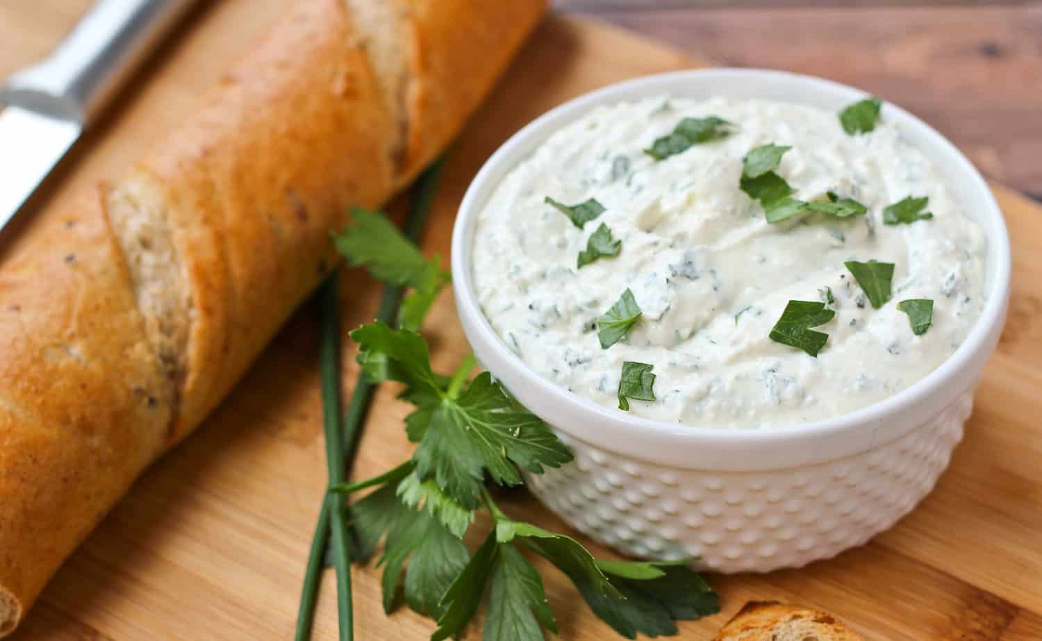 Feta dip in a small white bowl.