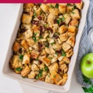 Apple stuffing Pinterest graphic with text and photos.