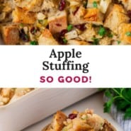 Apple stuffing Pinterest graphic with text and photos.