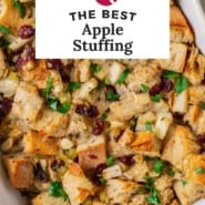 Apple stuffing Pinterest graphic with text and photos.