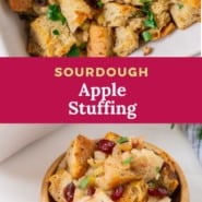 Apple stuffing Pinterest graphic with text and photos.