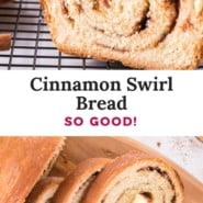 Cinnamon swirl bread Pinterest graphic with text and photos.