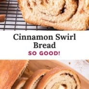 Cinnamon swirl bread Pinterest graphic with text and photos.