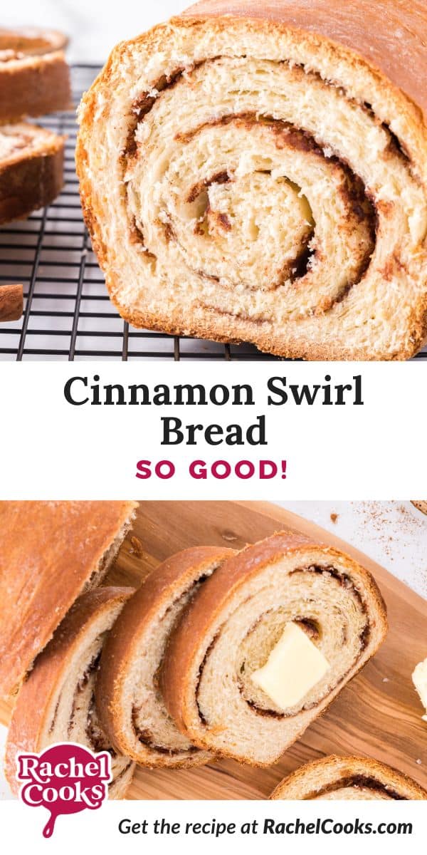 Cinnamon swirl bread Pinterest graphic with text and photos.