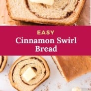 Cinnamon swirl bread Pinterest graphic with text and photos.