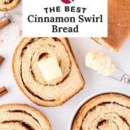 Cinnamon swirl bread Pinterest graphic with text and photos.