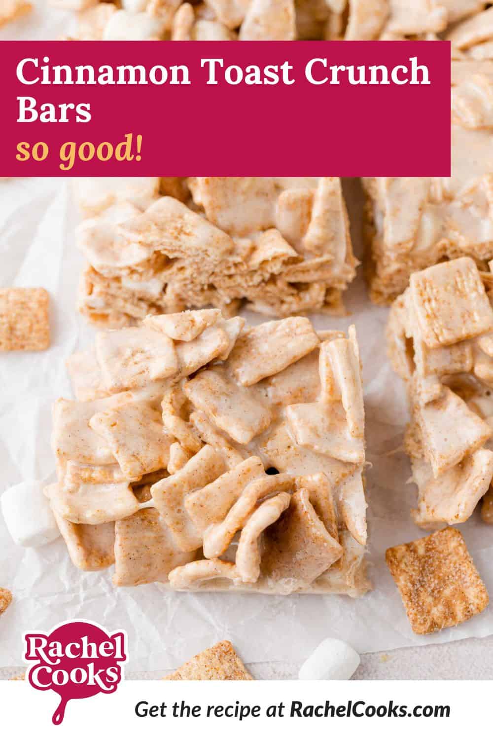 Cinnamon Toast Crunch Bars Pinterest graphic with text and photos.