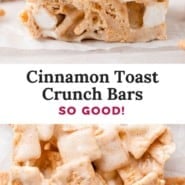 Cinnamon Toast Crunch Bars Pinterest graphic with text and photos.