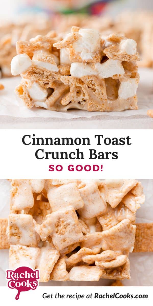 Cinnamon Toast Crunch Bars Pinterest graphic with text and photos.