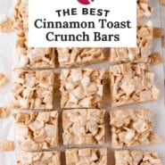 Cinnamon Toast Crunch Bars Pinterest graphic with text and photos.