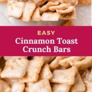 Cinnamon Toast Crunch Bars Pinterest graphic with text and photos.