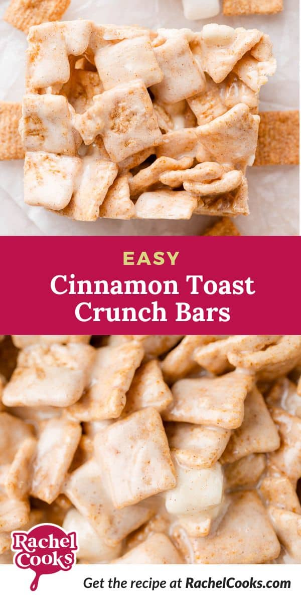 Cinnamon Toast Crunch Bars Pinterest graphic with text and photos.