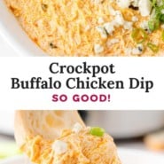 Crockpot buffalo chicken dip Pinterest graphic with text and photos.