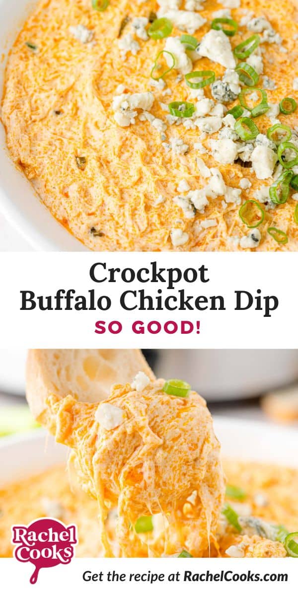 Crockpot buffalo chicken dip Pinterest graphic with text and photos.