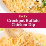 Crockpot buffalo chicken dip Pinterest graphic with text and photos.