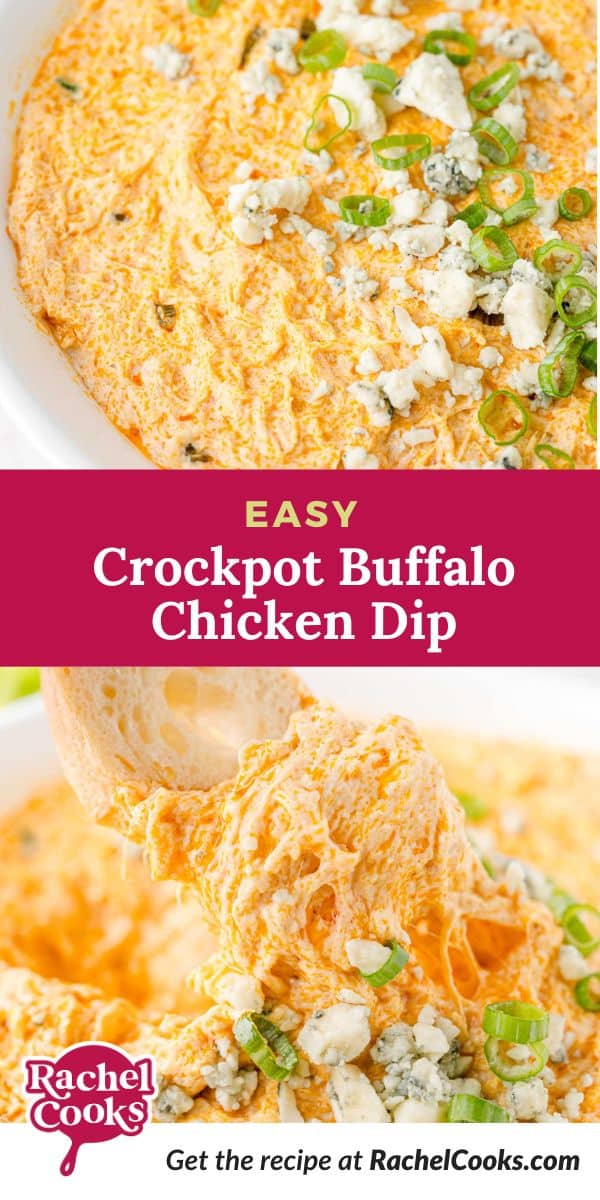 Crockpot buffalo chicken dip Pinterest graphic with text and photos.