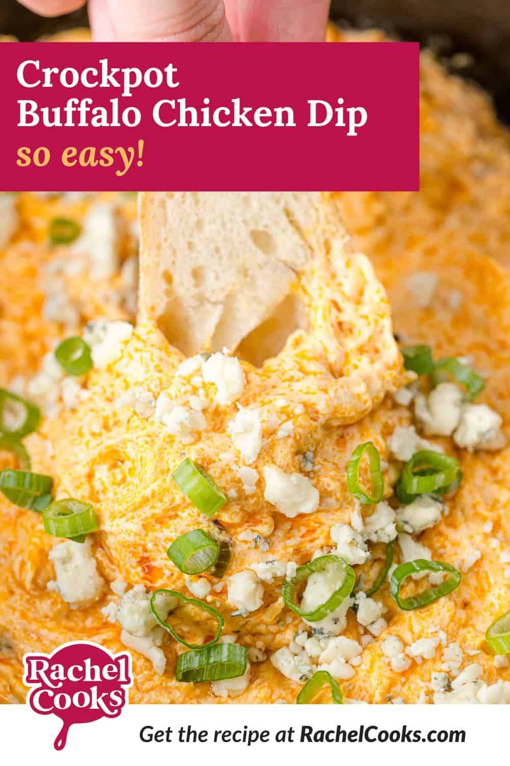 Crockpot buffalo chicken dip Pinterest graphic with text and photos.