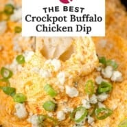 Crockpot buffalo chicken dip Pinterest graphic with text and photos.