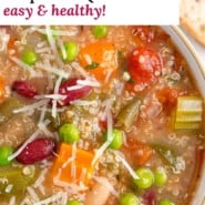 Crockpot minestrone soup Pinterest graphic with text and photos.