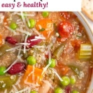 Crockpot minestrone soup Pinterest graphic with text and photos.