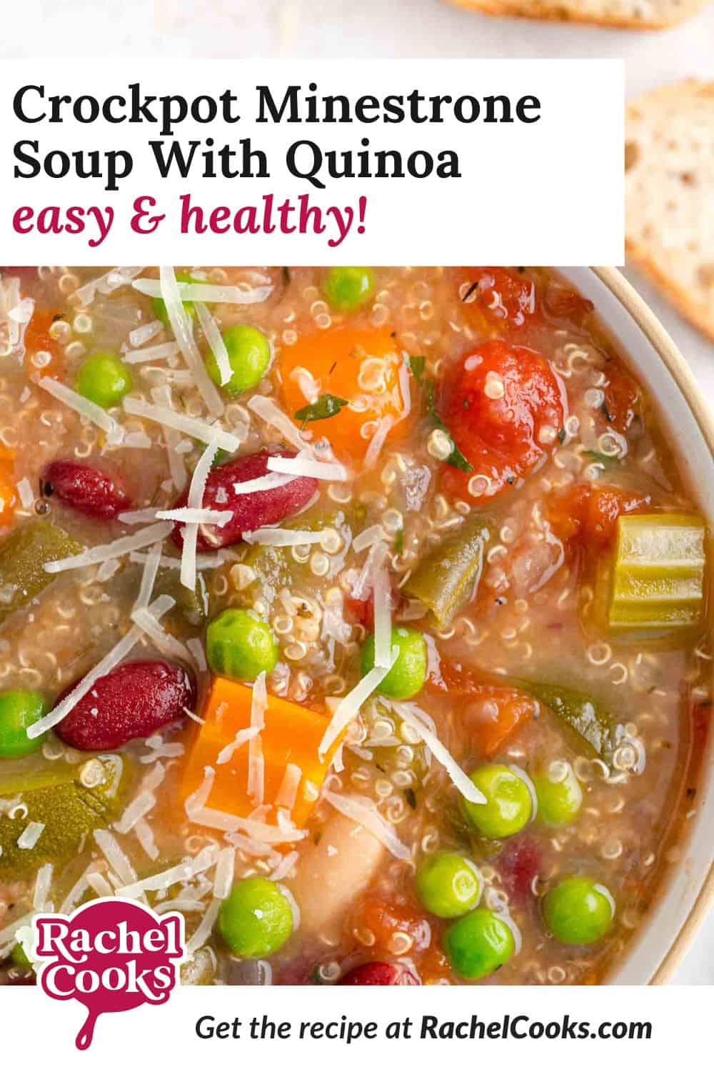 Crockpot minestrone soup Pinterest graphic with text and photos.