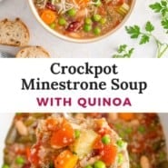 Crockpot minestrone soup Pinterest graphic with text and photos.