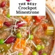 Crockpot minestrone soup Pinterest graphic with text and photos.