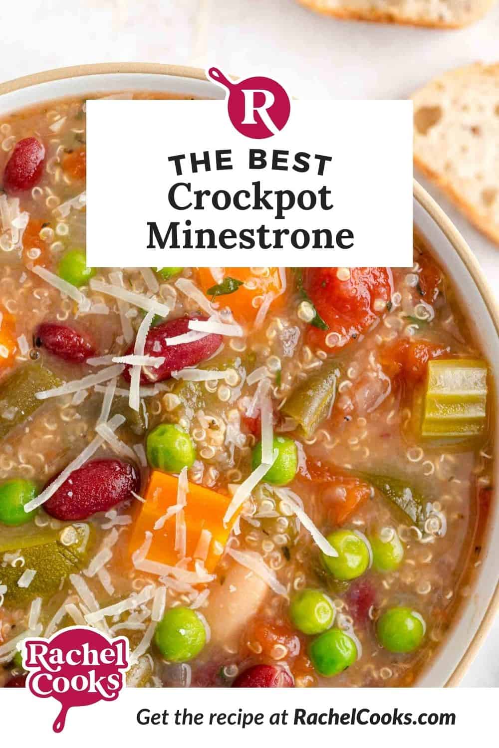 Crockpot minestrone soup Pinterest graphic with text and photos.
