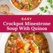 Crockpot minestrone soup Pinterest graphic with text and photos.