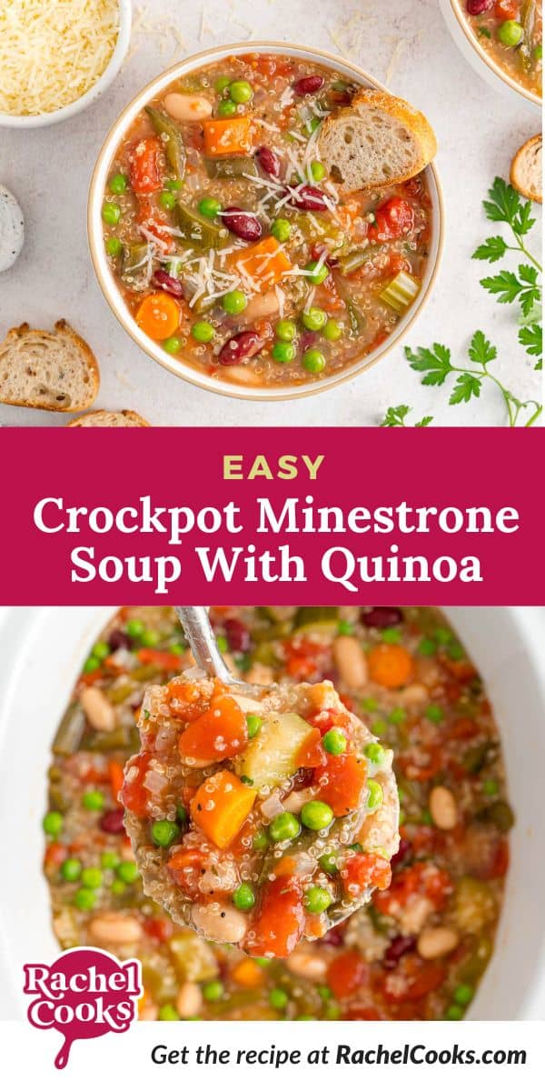 Crockpot minestrone soup Pinterest graphic with text and photos.