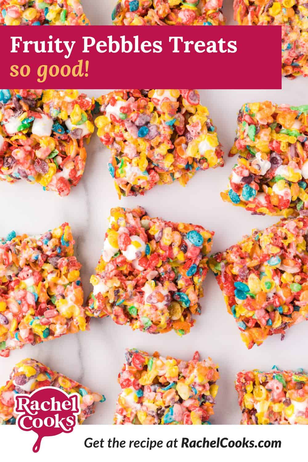Fruity Pebbles treats Pinterest image, with text and photos.
